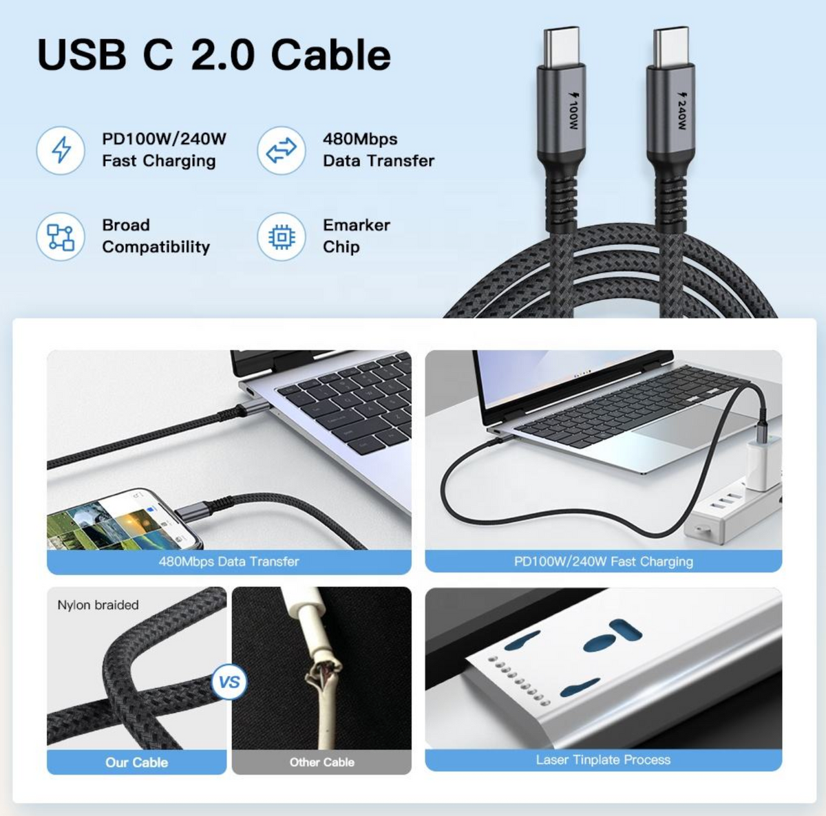 UNIEAN 240W Fast Charging USB Type-C Cable – High-Speed Data & Power Delivery Cable